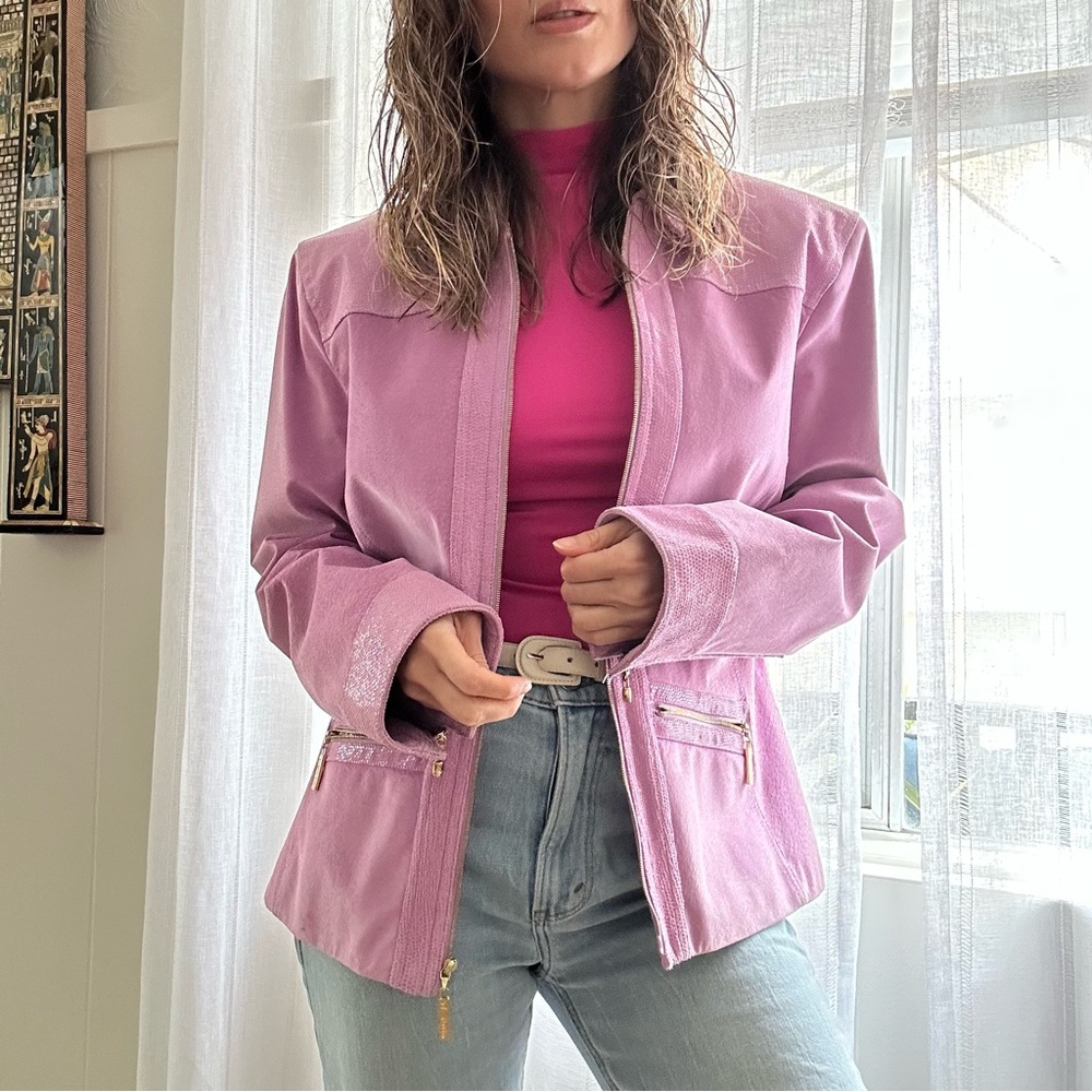 St. John Sport Lavender Utility Jacket Sz M Suede Leather Snake Shimmer Western